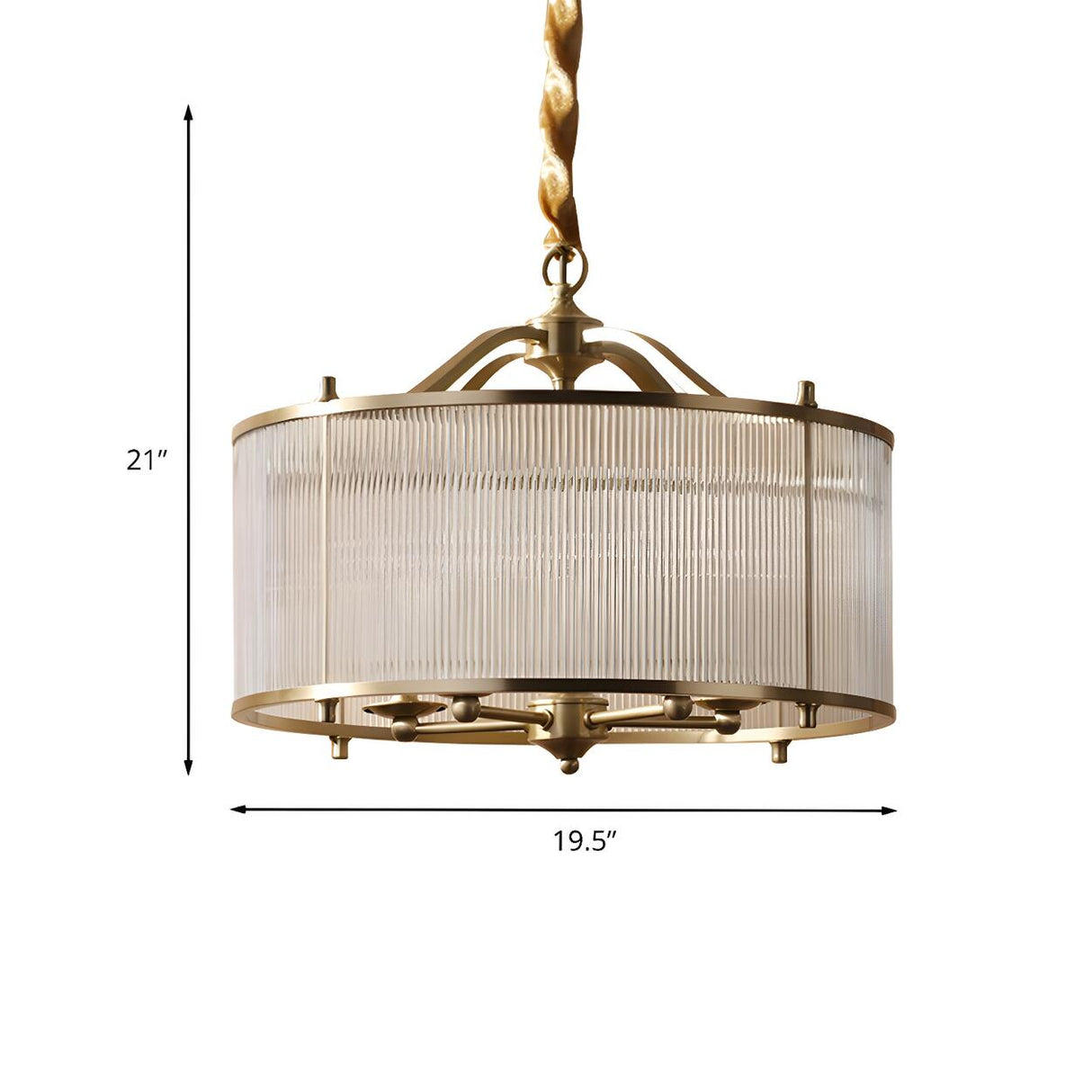 Elegant Modern Gold Ribbed Glass Drum Chandelier 