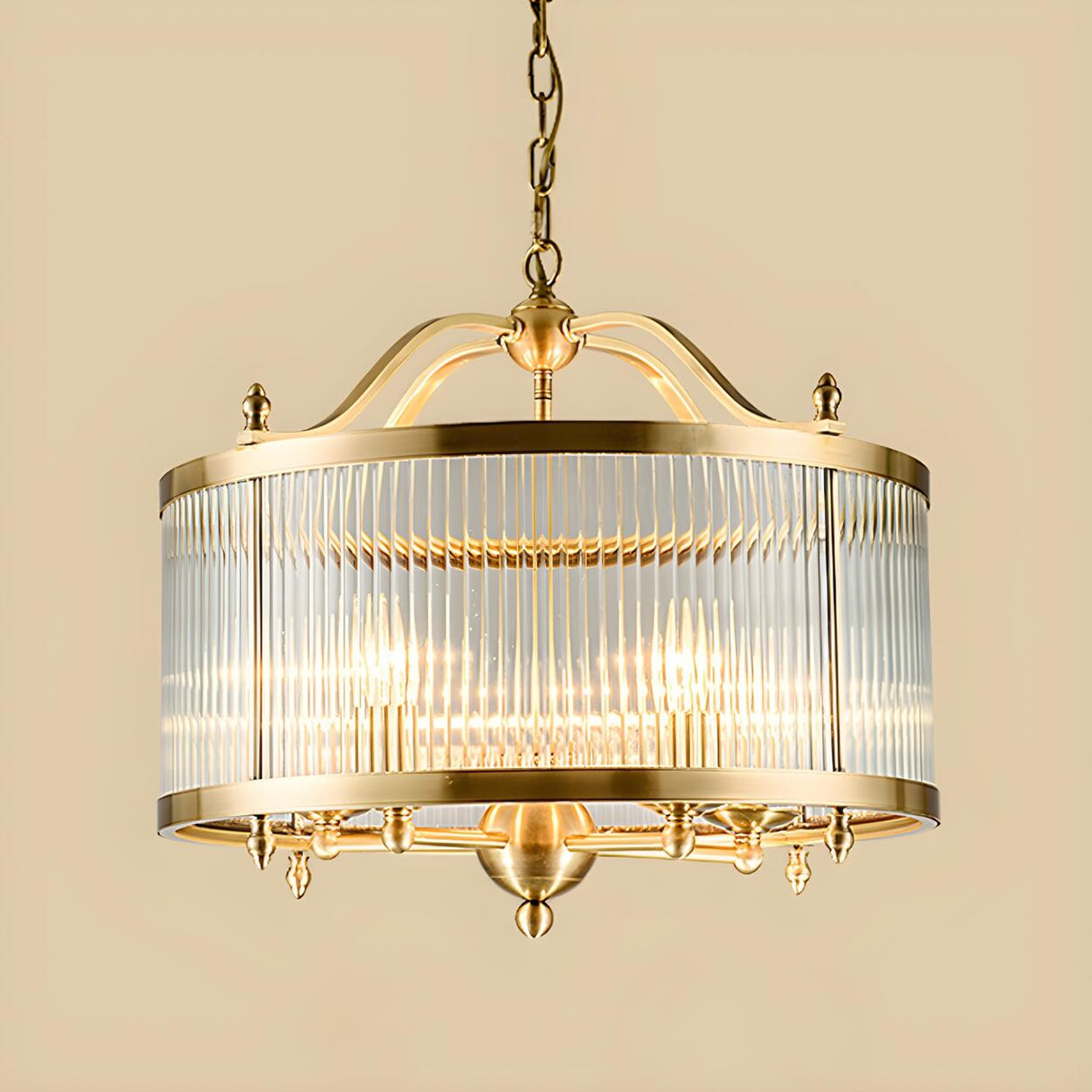 Elegant Modern Gold Ribbed Glass Drum Chandelier Image - 2