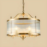 Elegant Modern Gold Ribbed Glass Drum Chandelier Image - 2