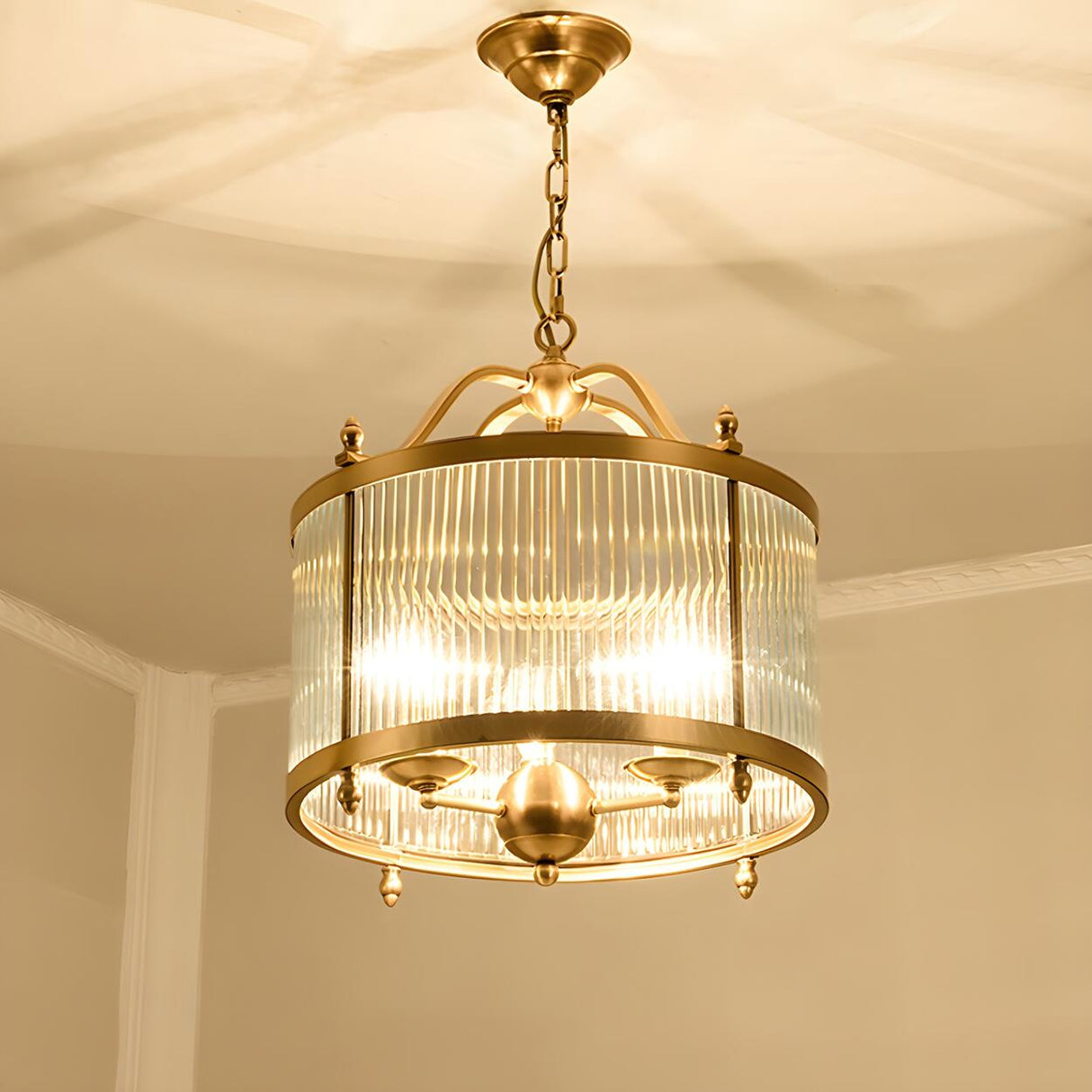 Elegant Modern Gold Ribbed Glass Drum Chandelier Image - 4