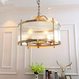 Elegant Modern Gold Ribbed Glass Drum Chandelier Image - 7