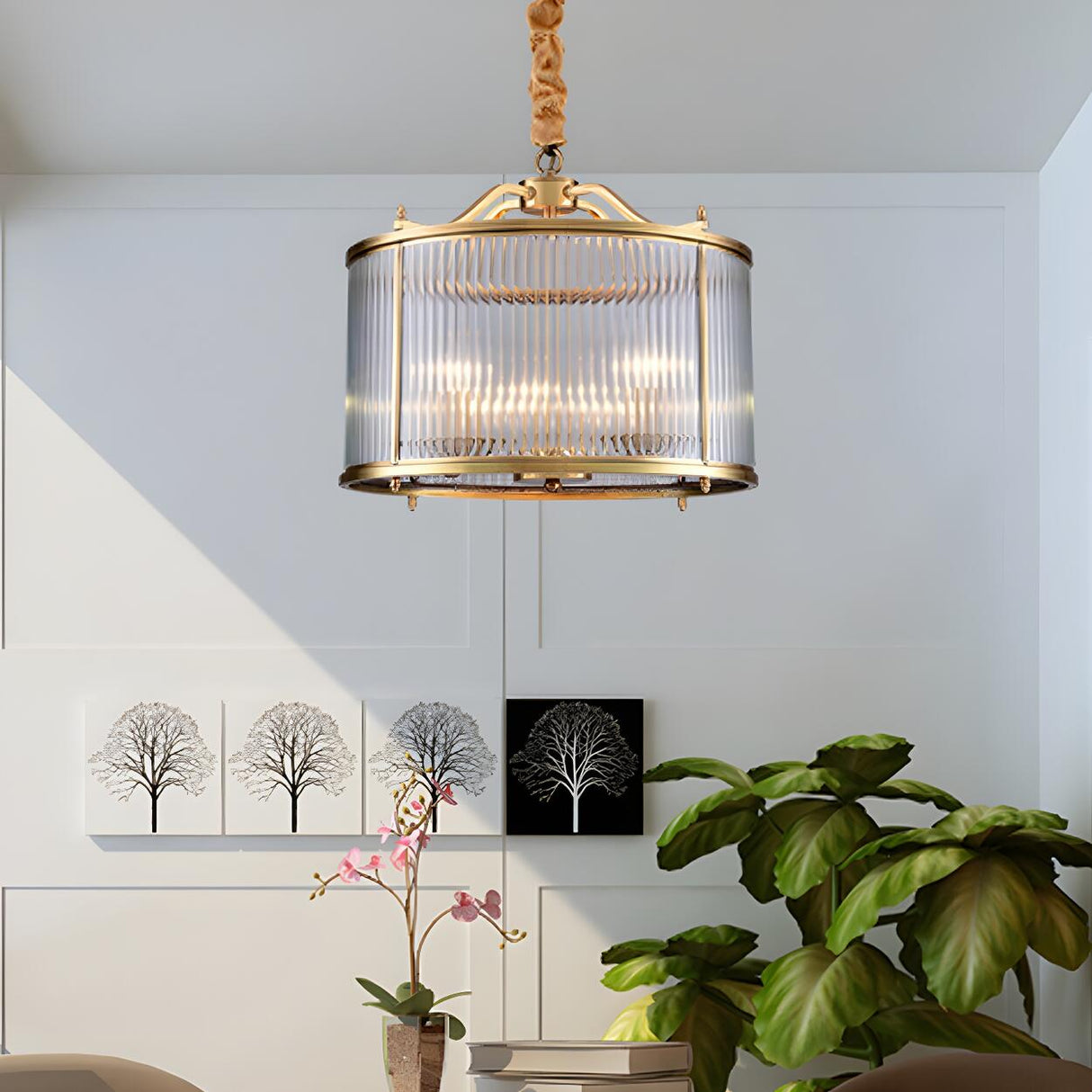 Elegant Modern Gold Ribbed Glass Drum Chandelier Image - 8