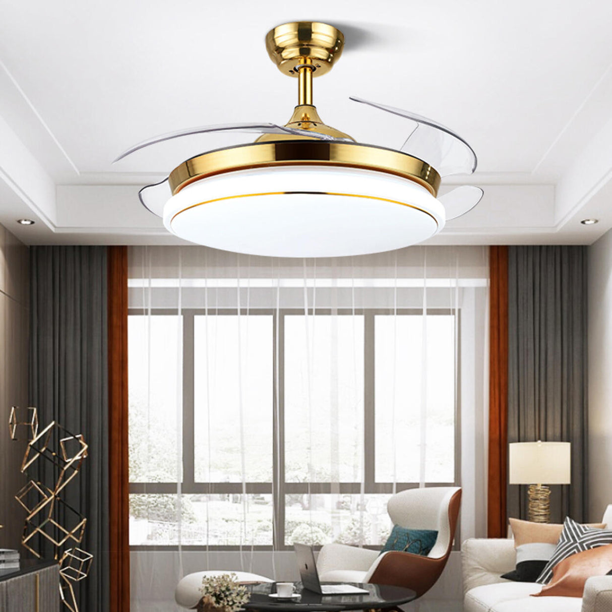 Elegant Modern Round 4 Blade Ceiling Fan with LED Light Image - 11