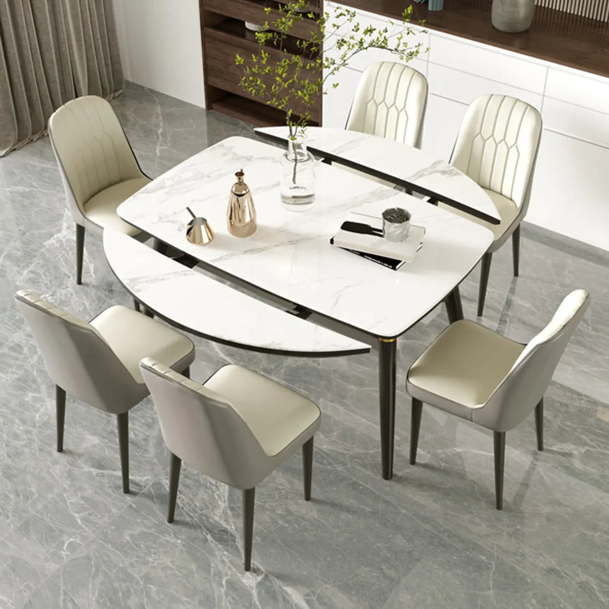 Elegant Modern Round Extendable Stone Dining Table Grey Image - 4