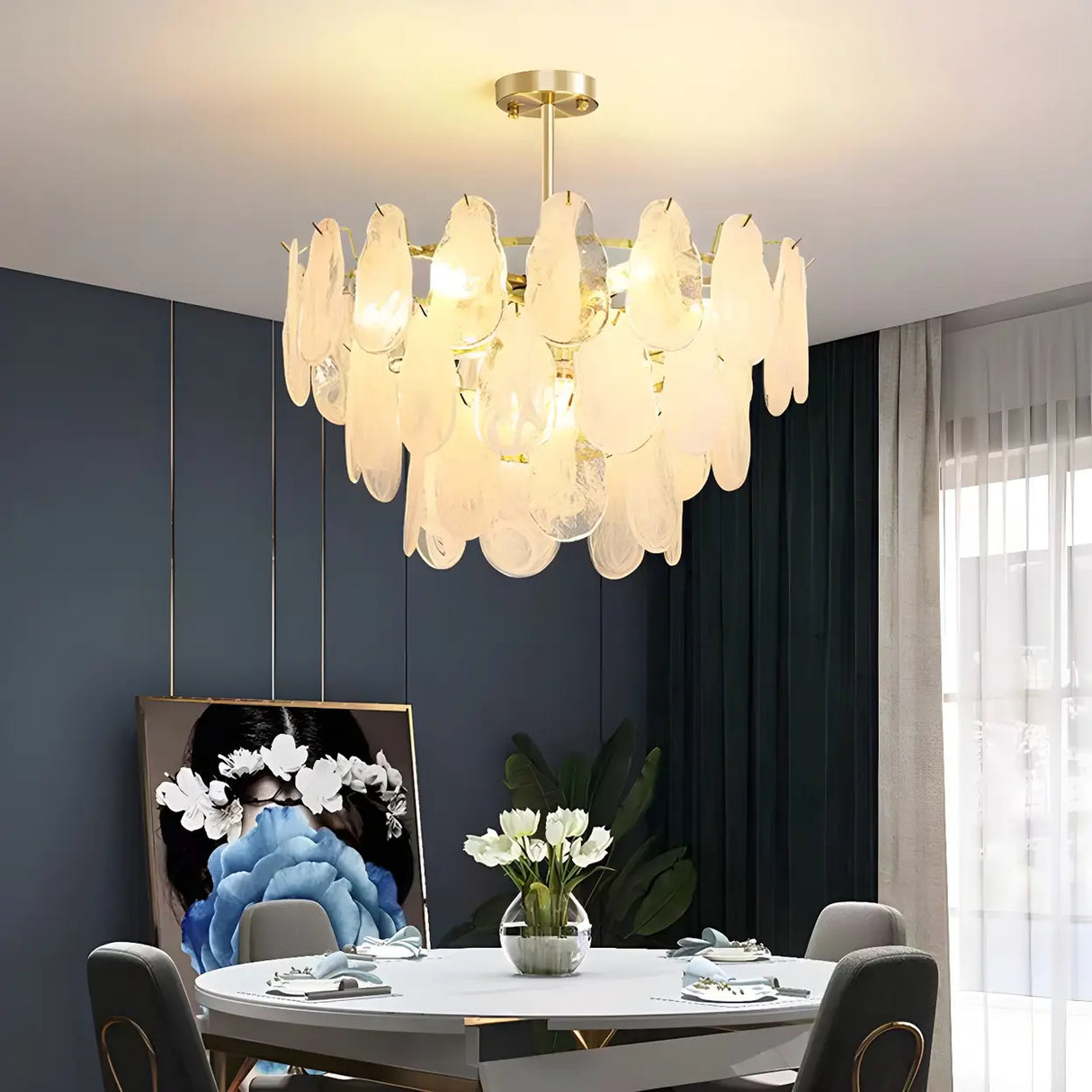 Elegant Modern Tiered Leaf Glass Chandelier Dining Room Image - 1