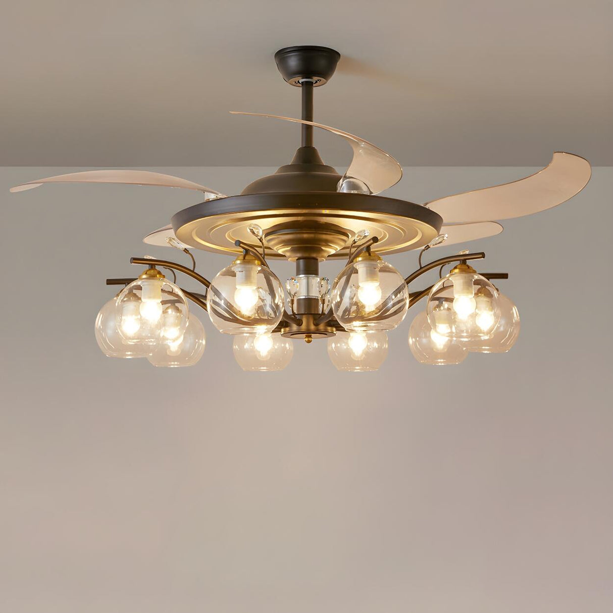 Elegant Multi-Light Glass Cover Chandelier Fan Lights Image - 8