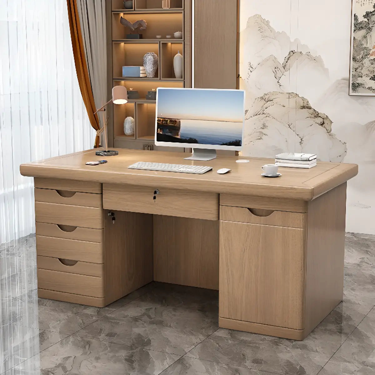 Elegant Natural Wooden Drawers Shelves Computer Desk Image - 1