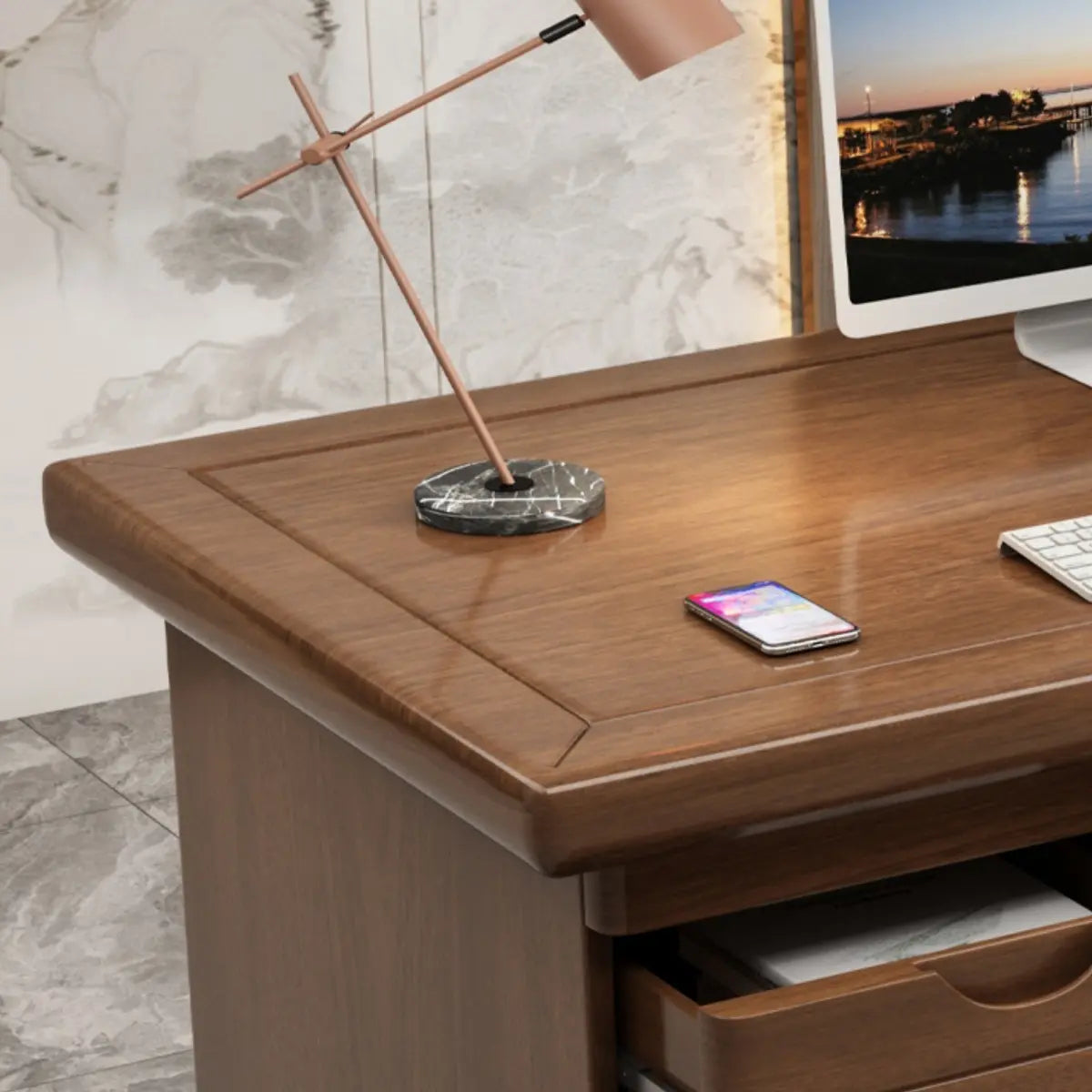 Elegant Natural Wooden Drawers Shelves Computer Desk Image - 9