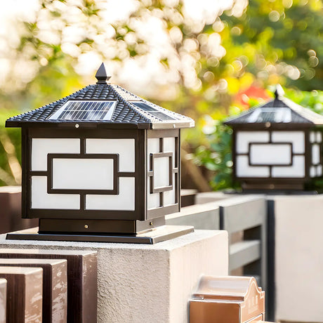 Elegant Oriental Style Square Garden Solar Pillar Lamp Image - 1