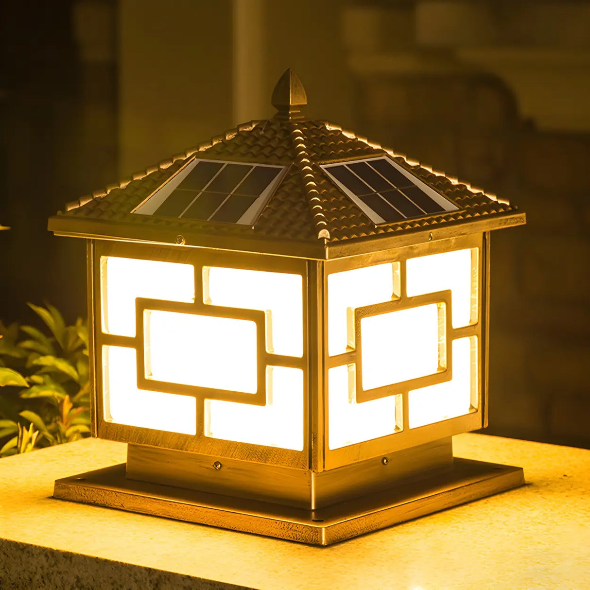 Elegant Oriental Style Square Garden Solar Pillar Lamp Image - 11