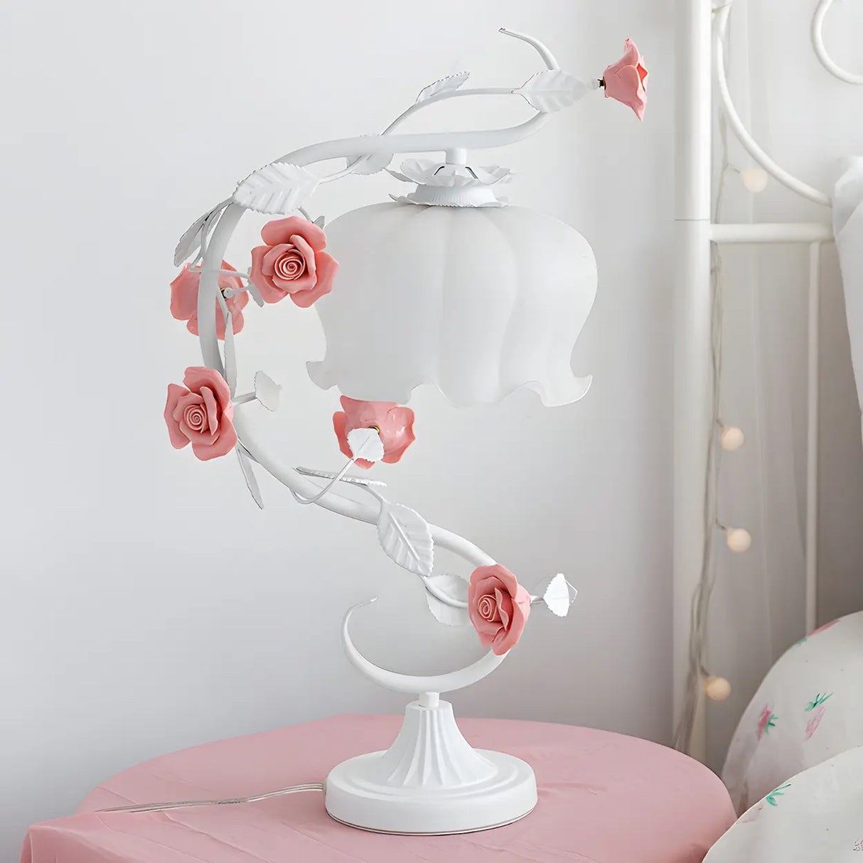 Elegant Pastoral Ceramic Rose Glass Bedside Table Lamp Image - 4