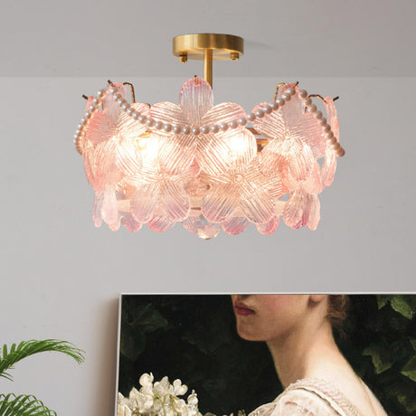 Elegant Pearl Pink Floral Glass Semi-Flush Mount Light Image - 1