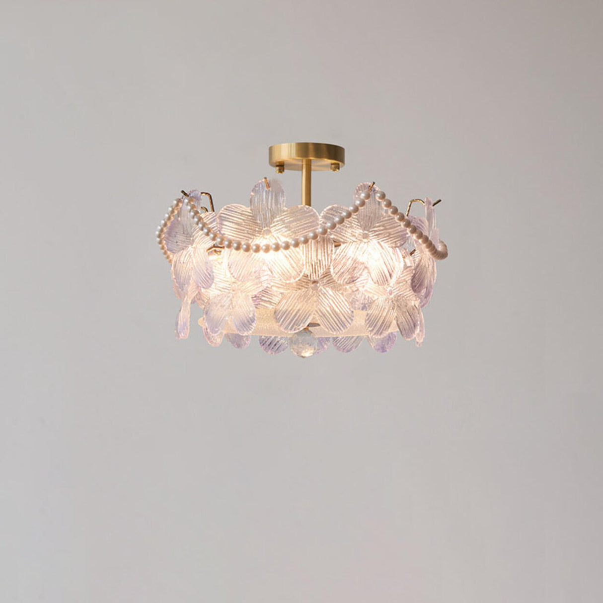 Elegant Pearl Pink Floral Glass Semi-Flush Mount Light Image - 10