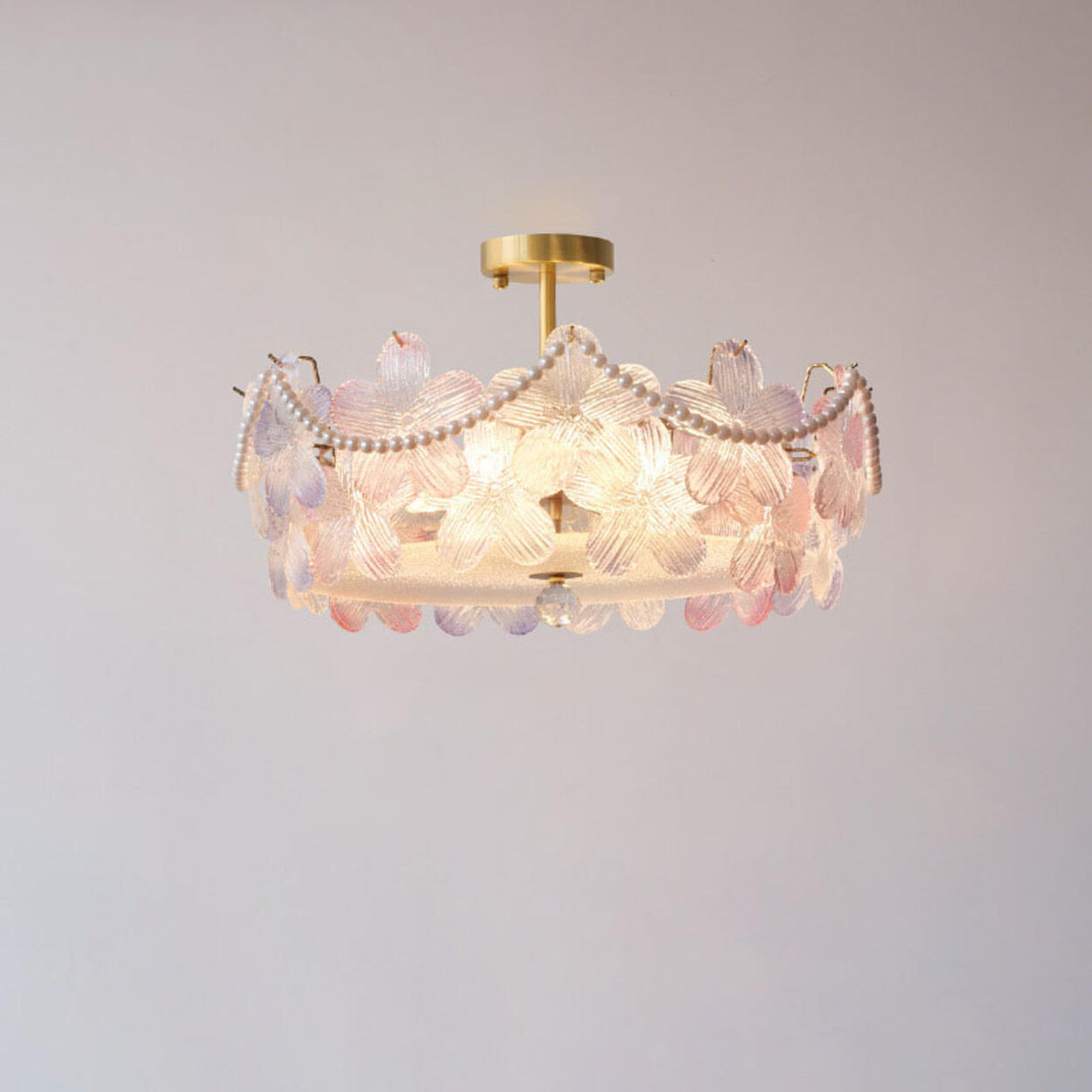 Elegant Pearl Pink Floral Glass Semi-Flush Mount Light Image - 14