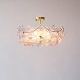 Elegant Pearl Pink Floral Glass Semi-Flush Mount Light Image - 14