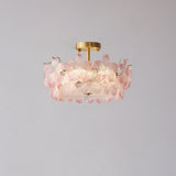 Elegant Pearl Pink Floral Glass Semi-Flush Mount Light Image - 16