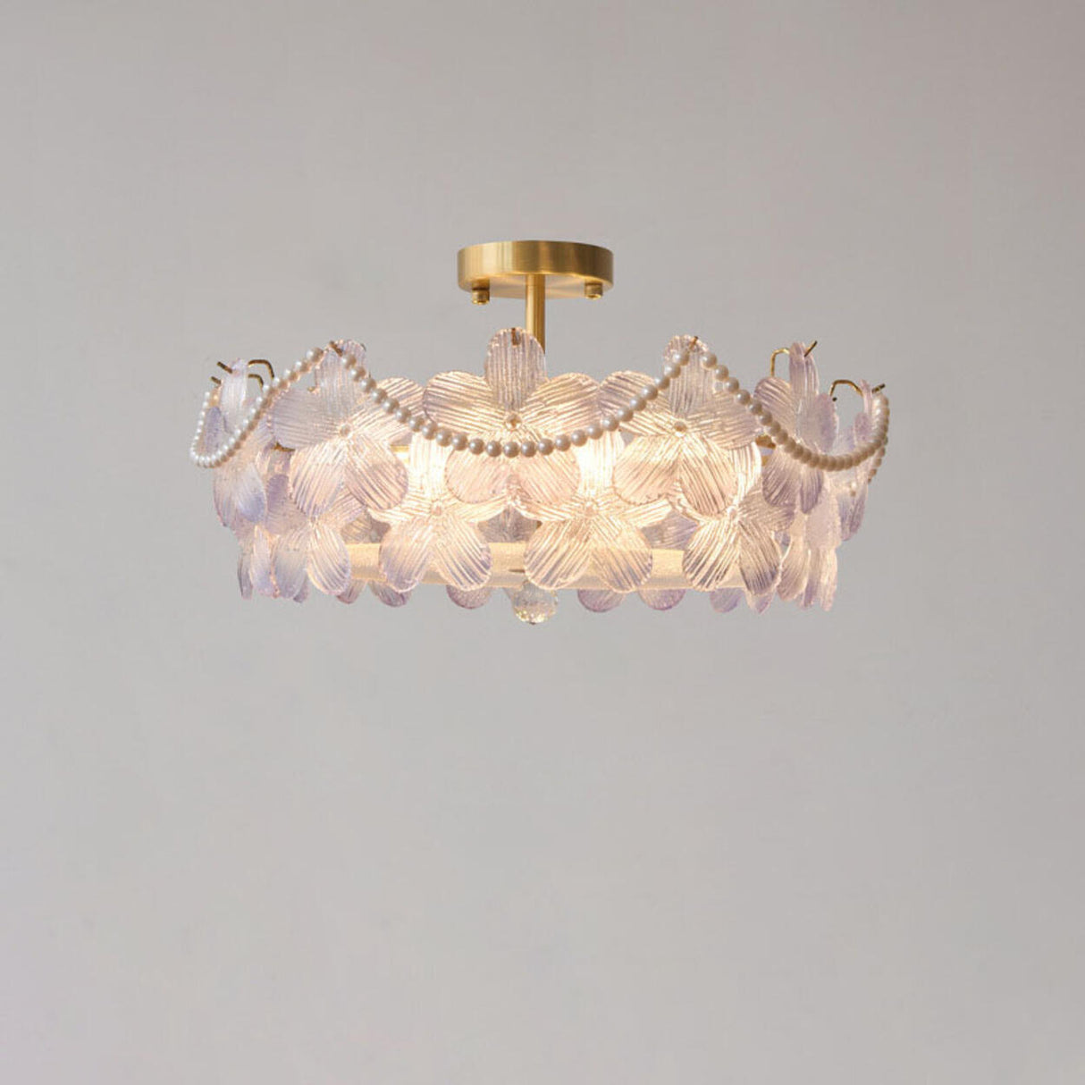 Elegant Pearl Pink Floral Glass Semi-Flush Mount Light Image - 19