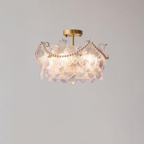 Elegant Pearl Pink Floral Glass Semi-Flush Mount Light Image - 2