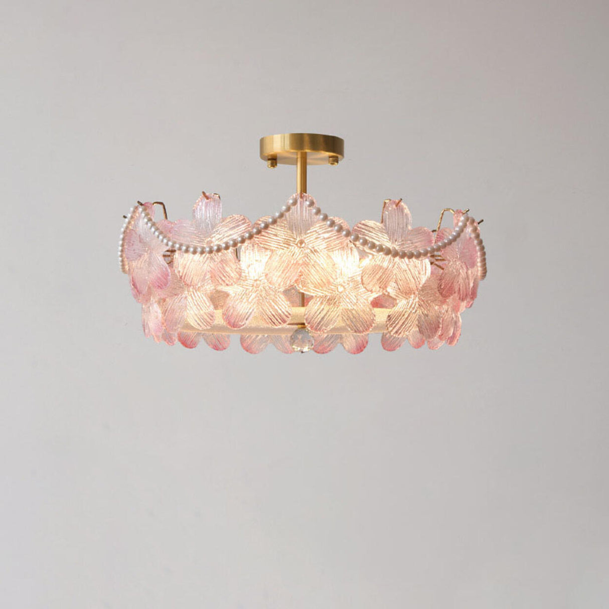 Elegant Pearl Pink Floral Glass Semi-Flush Mount Light Image - 20