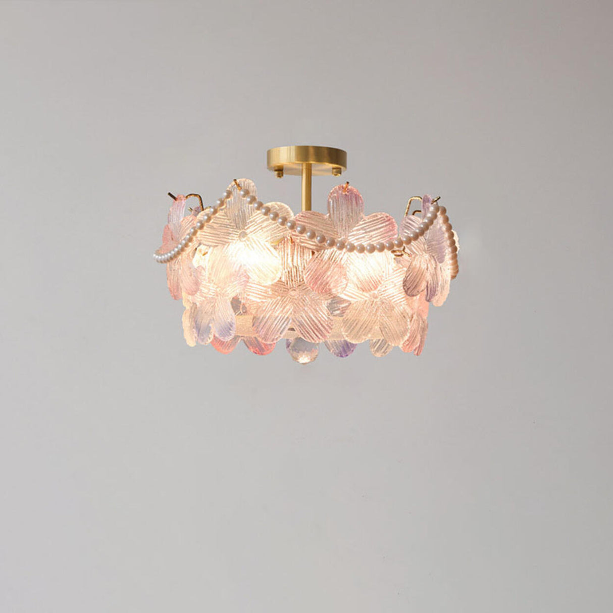 Elegant Pearl Pink Floral Glass Semi-Flush Mount Light Image - 21