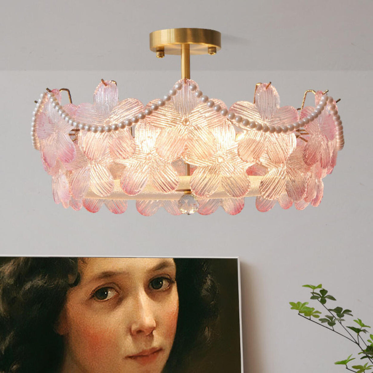 Elegant Pearl Pink Floral Glass Semi-Flush Mount Light Image - 3