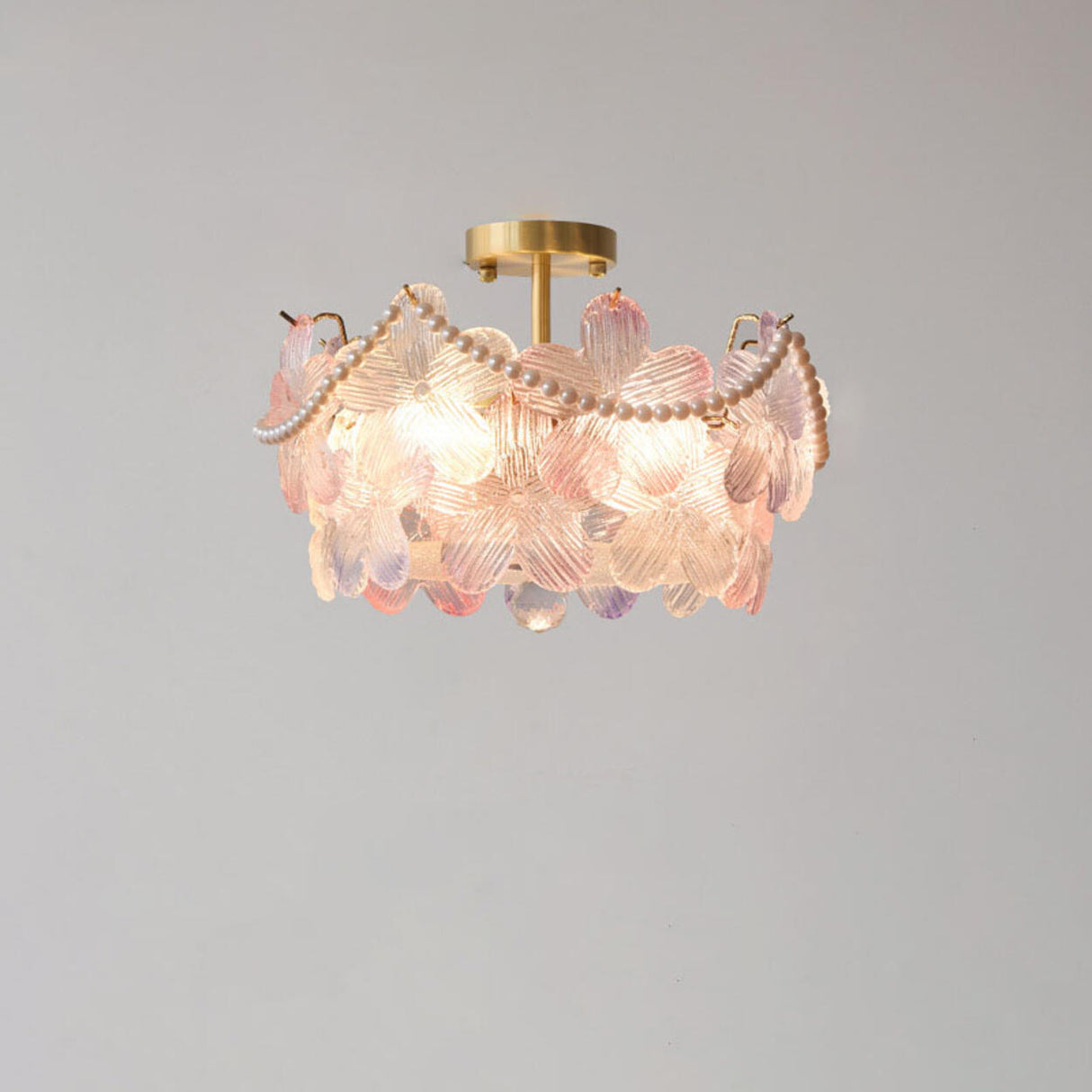 Elegant Pearl Pink Floral Glass Semi-Flush Mount Light Image - 4