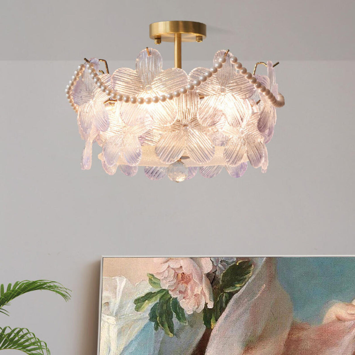 Elegant Pearl Pink Floral Glass Semi-Flush Mount Light Image - 8