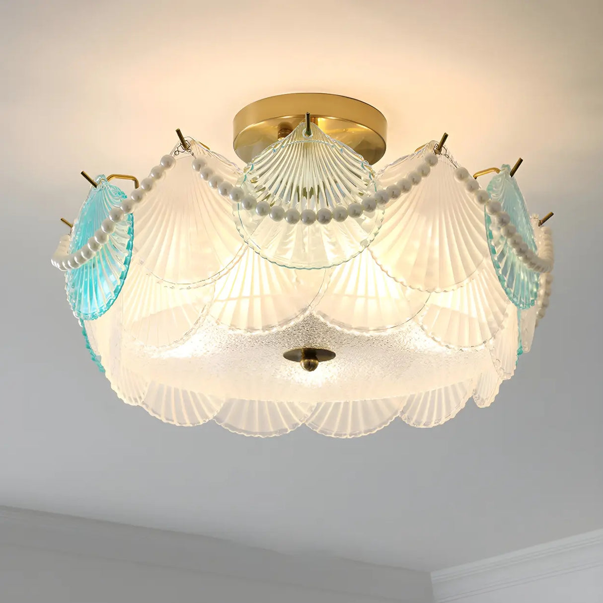 Elegant Pearl Round Glass Semi-Flush Mount Ceiling Lamp Image - 12