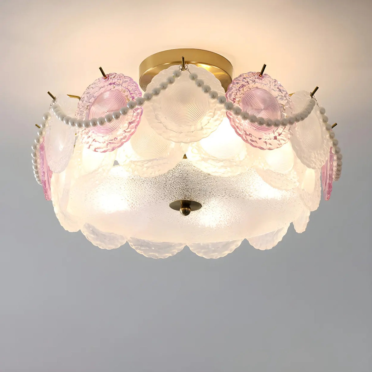 Elegant Pearl Round Glass Semi-Flush Mount Ceiling Lamp Image - 13