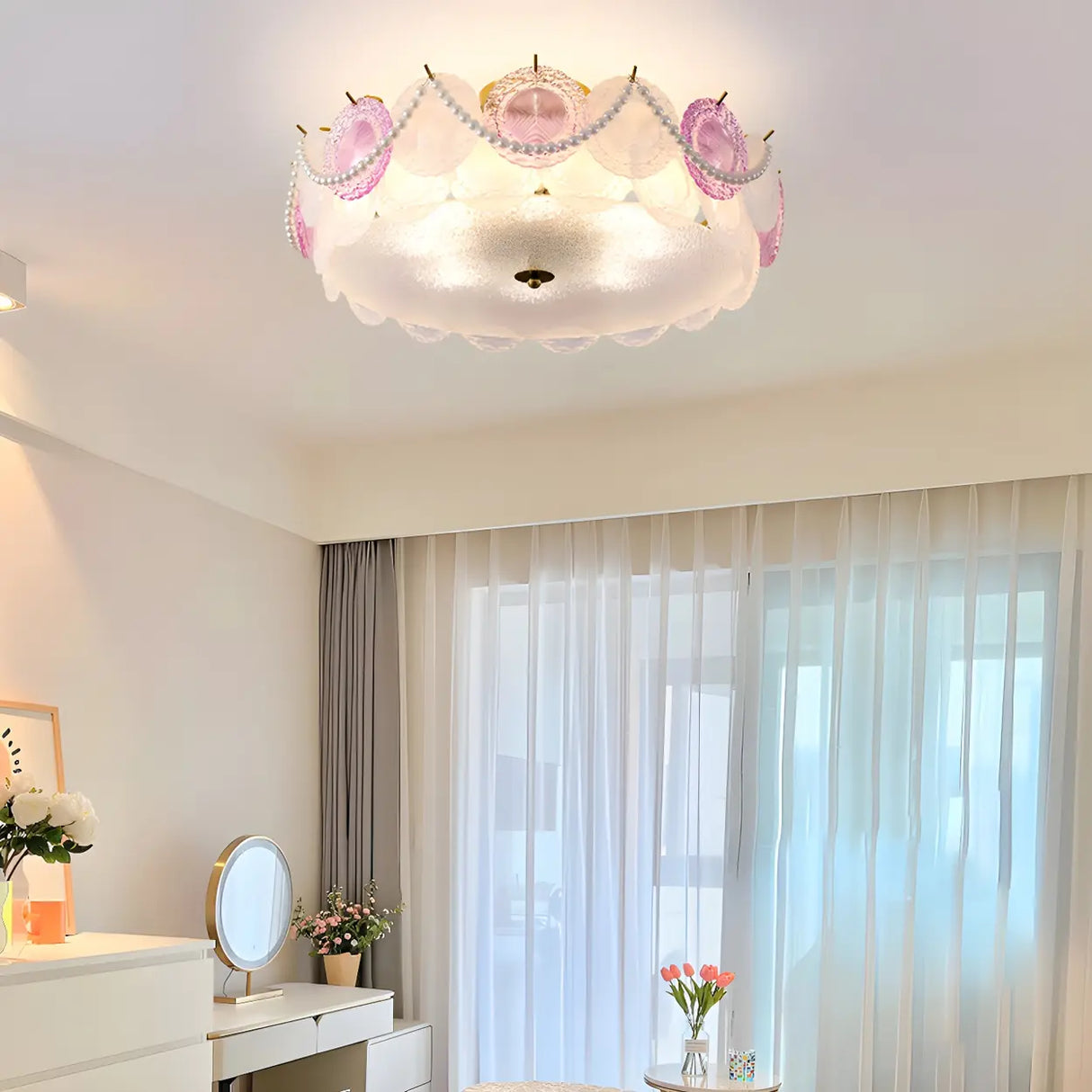 Elegant Pearl Round Glass Semi-Flush Mount Ceiling Lamp Image - 2