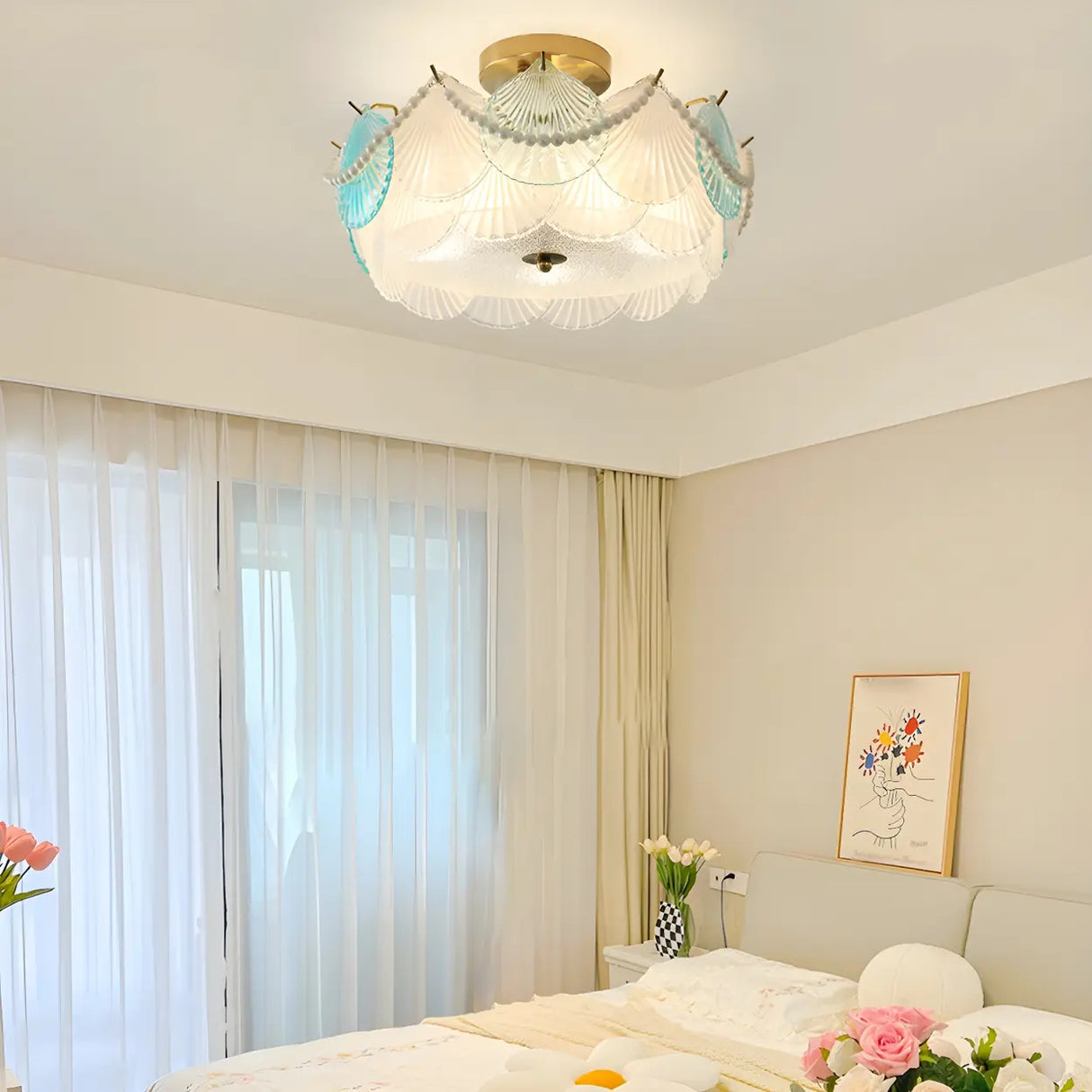 Elegant Pearl Round Glass Semi-Flush Mount Ceiling Lamp Image - 4