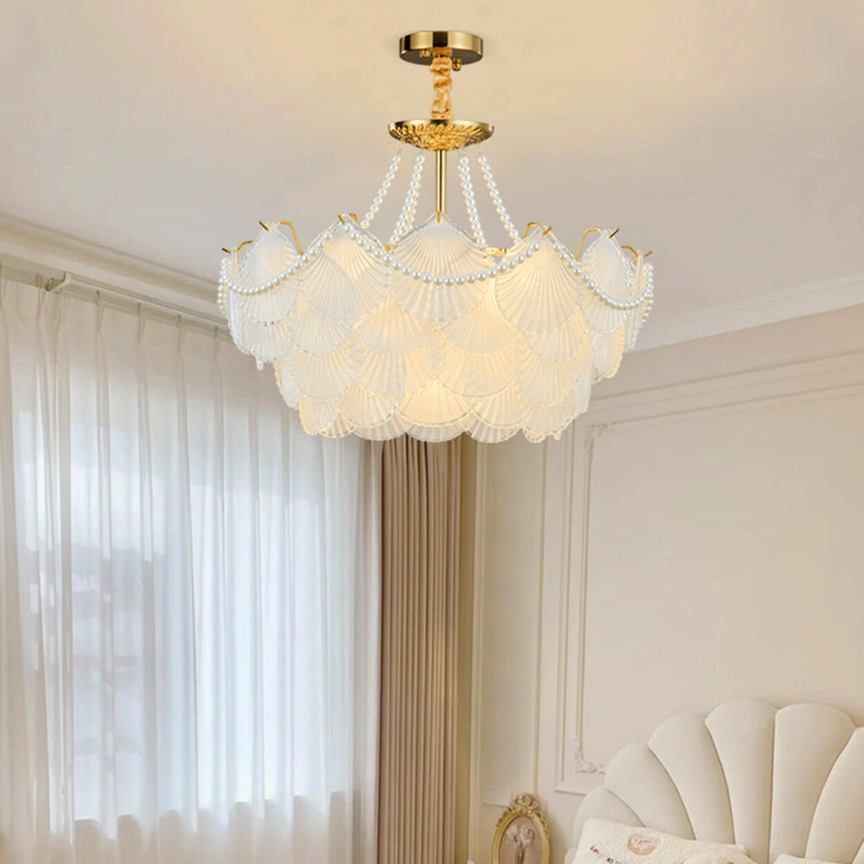 Elegant Pearl Shell Tiered Frosted Glass Pendant Chandelier Image - 1