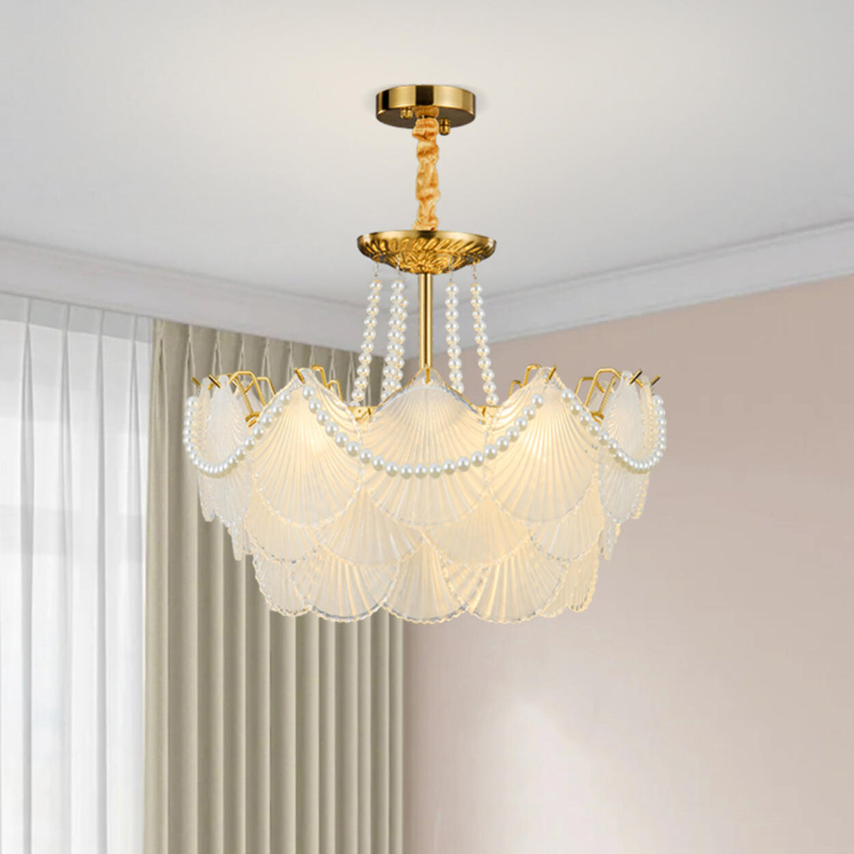 Elegant Pearl Shell Tiered Frosted Glass Pendant Chandelier Image - 3