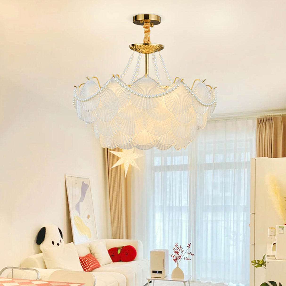 Elegant Pearl Shell Tiered Frosted Glass Pendant Chandelier Image - 4