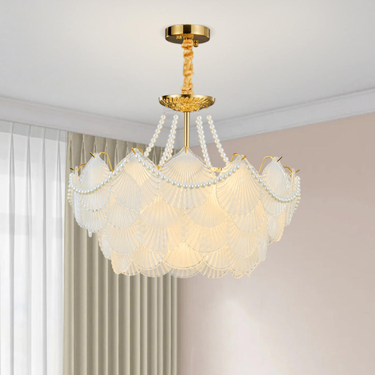 Elegant Pearl Shell Tiered Frosted Glass Pendant Chandelier Image - 5