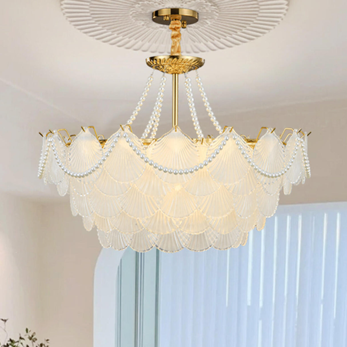 Elegant Pearl Shell Tiered Frosted Glass Pendant Chandelier Image - 6