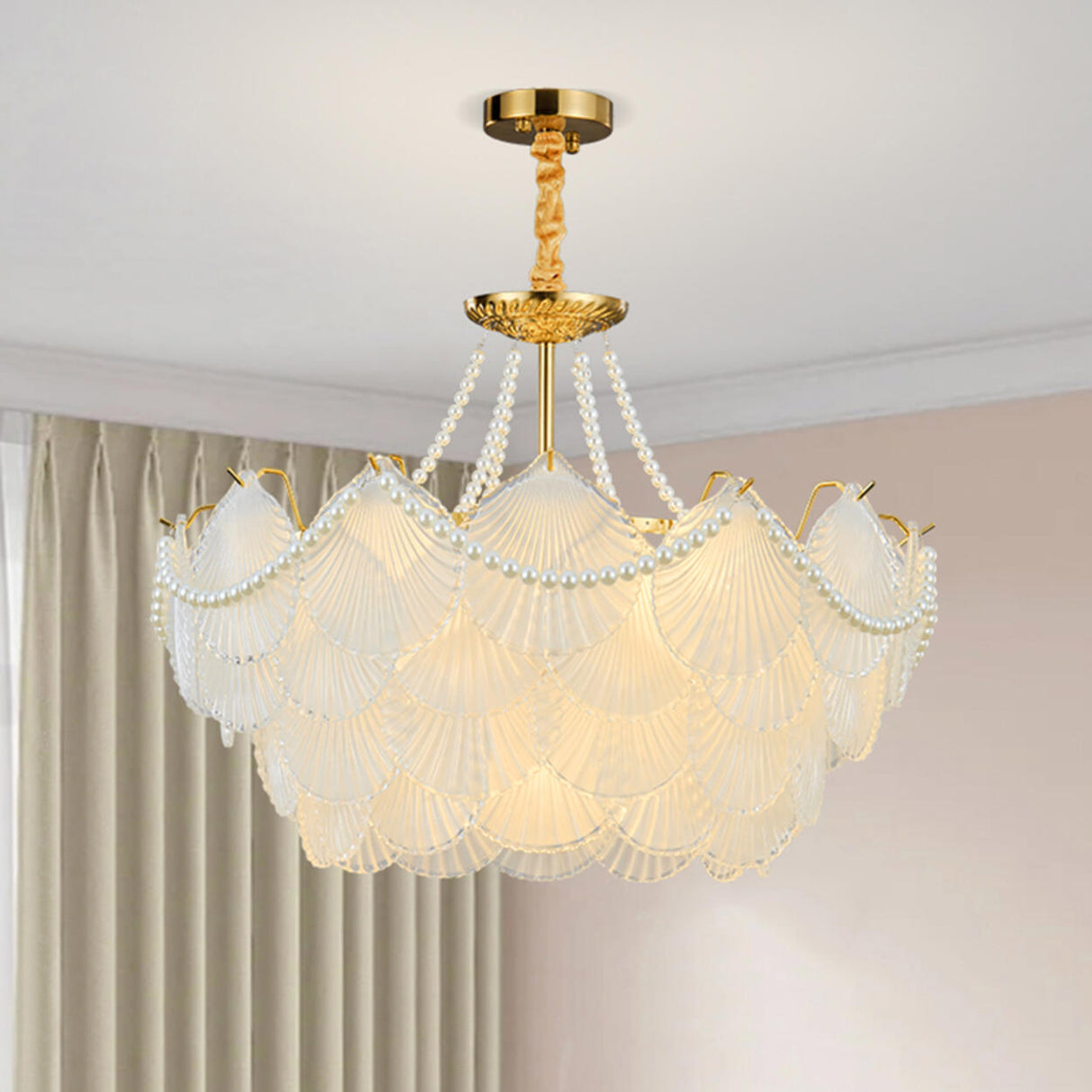 Elegant Pearl Shell Tiered Frosted Glass Pendant Chandelier Image - 7