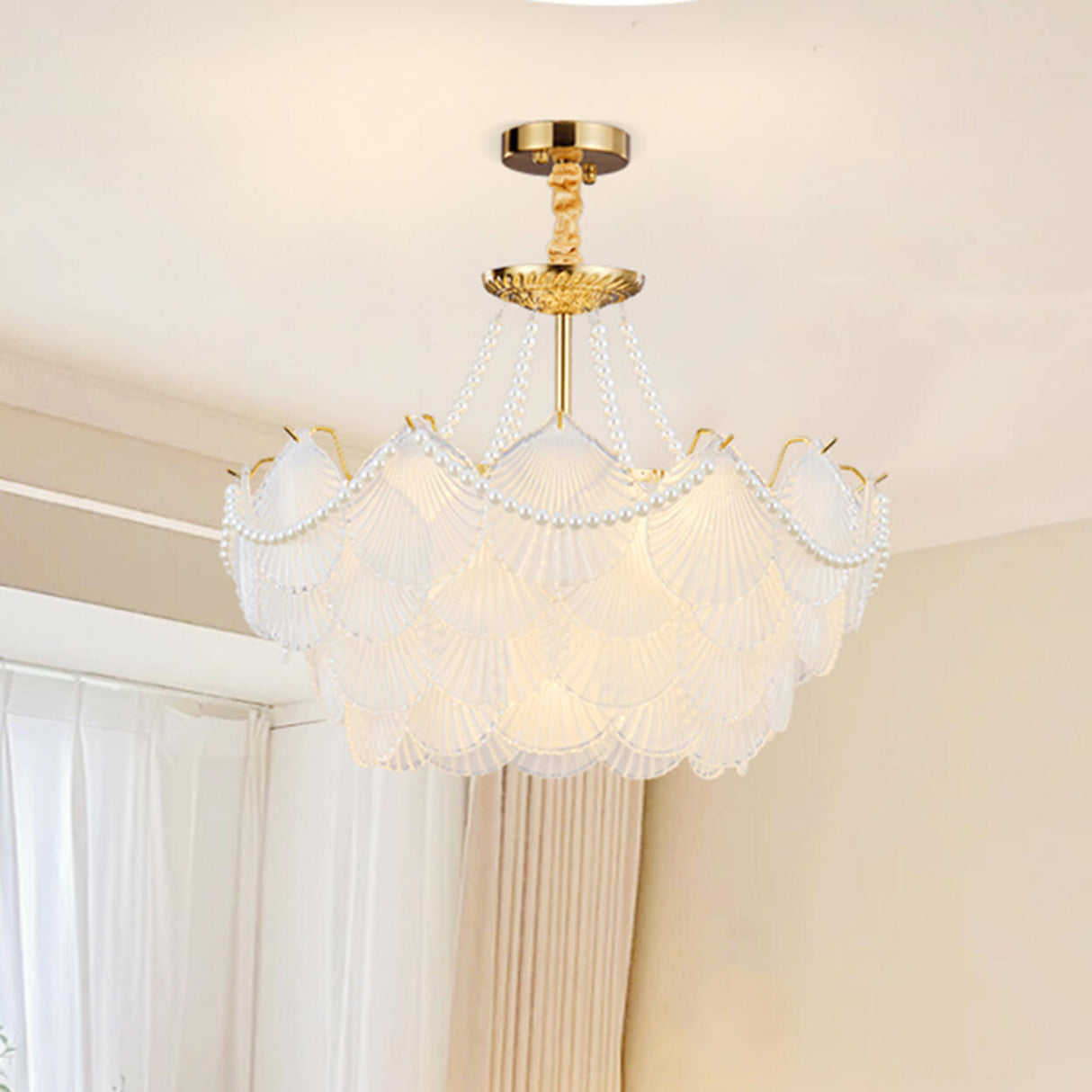 Elegant Pearl Shell Tiered Frosted Glass Pendant Chandelier Image - 8