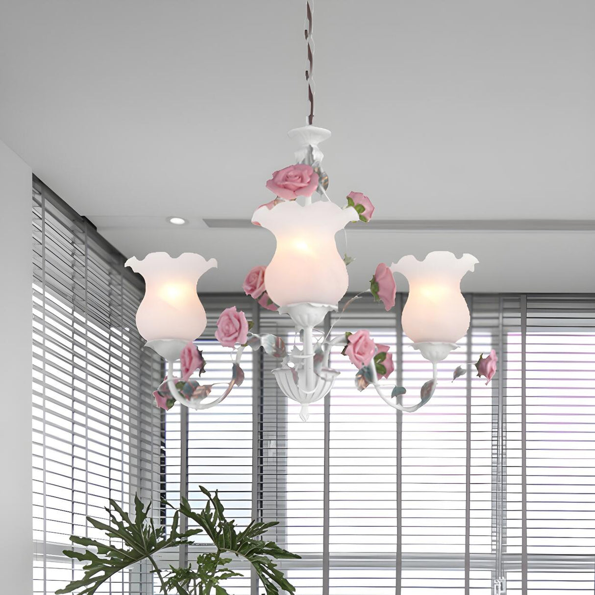 Elegant Pink Rose White Glass Flower Round Chandelier Image - 1