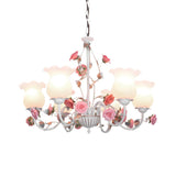 Elegant Pink Rose White Glass Flower Round Chandelier Image - 10