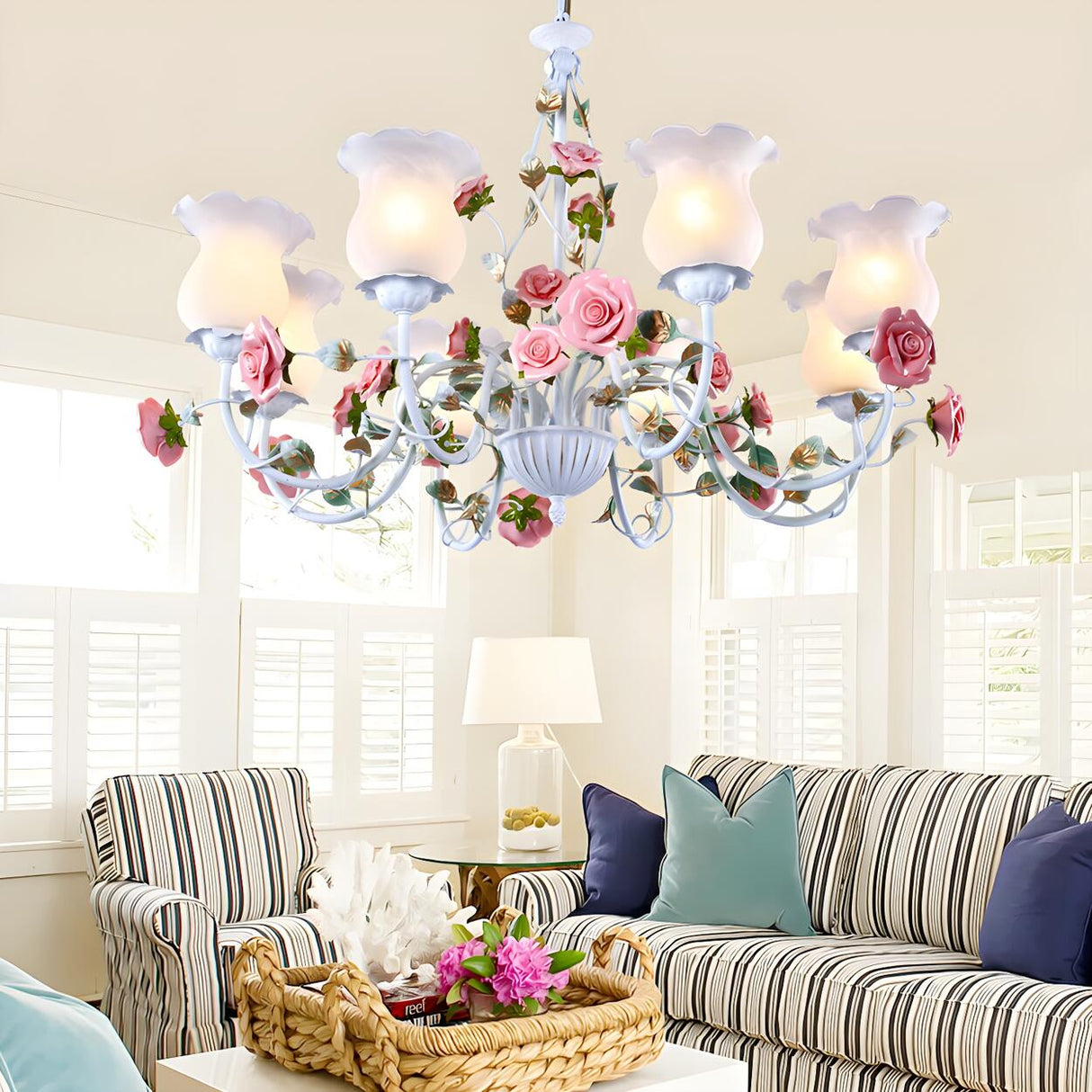 Elegant Pink Rose White Glass Flower Round Chandelier Image - 11