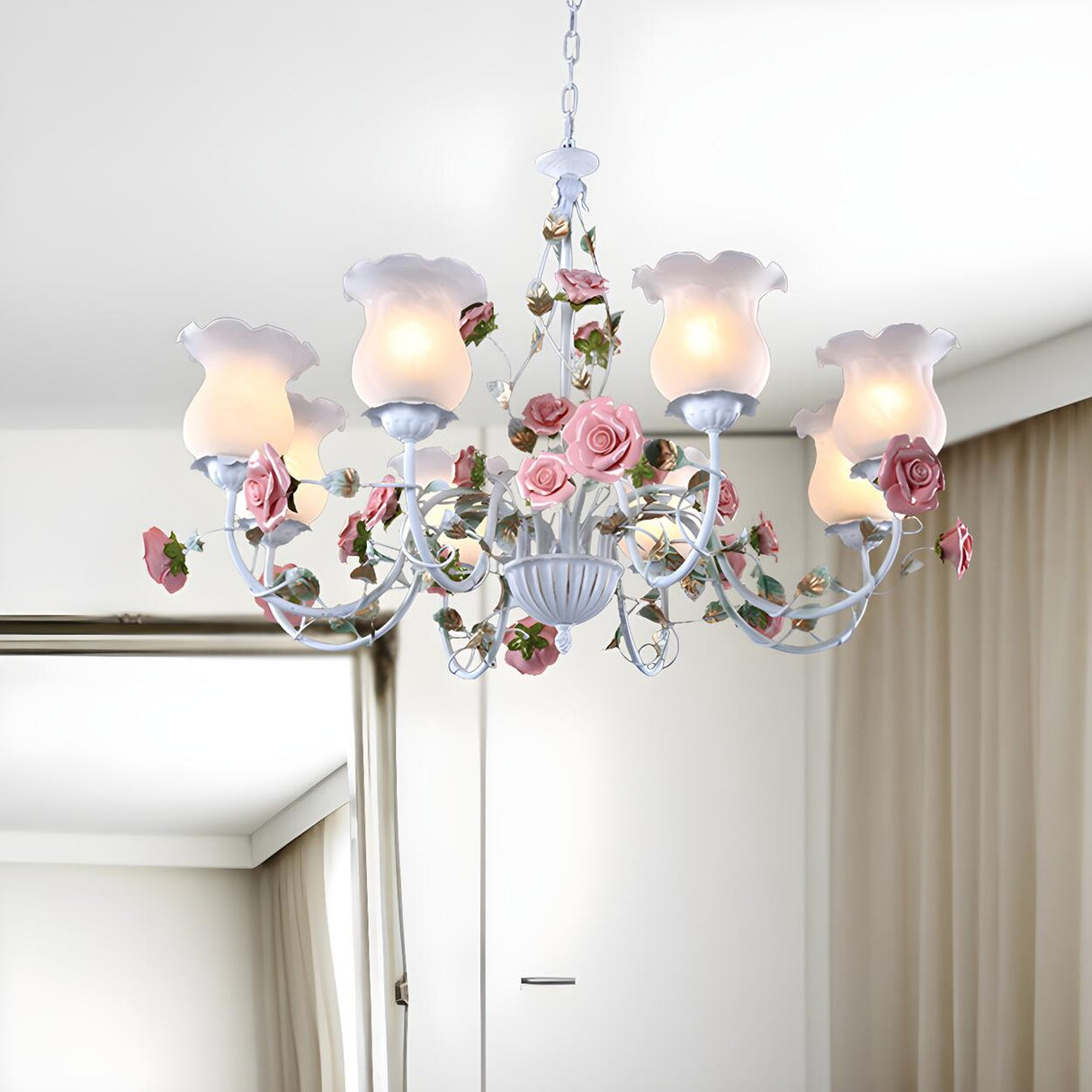 Elegant Pink Rose White Glass Flower Round Chandelier Image - 12