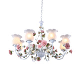 Elegant Pink Rose White Glass Flower Round Chandelier Image - 13