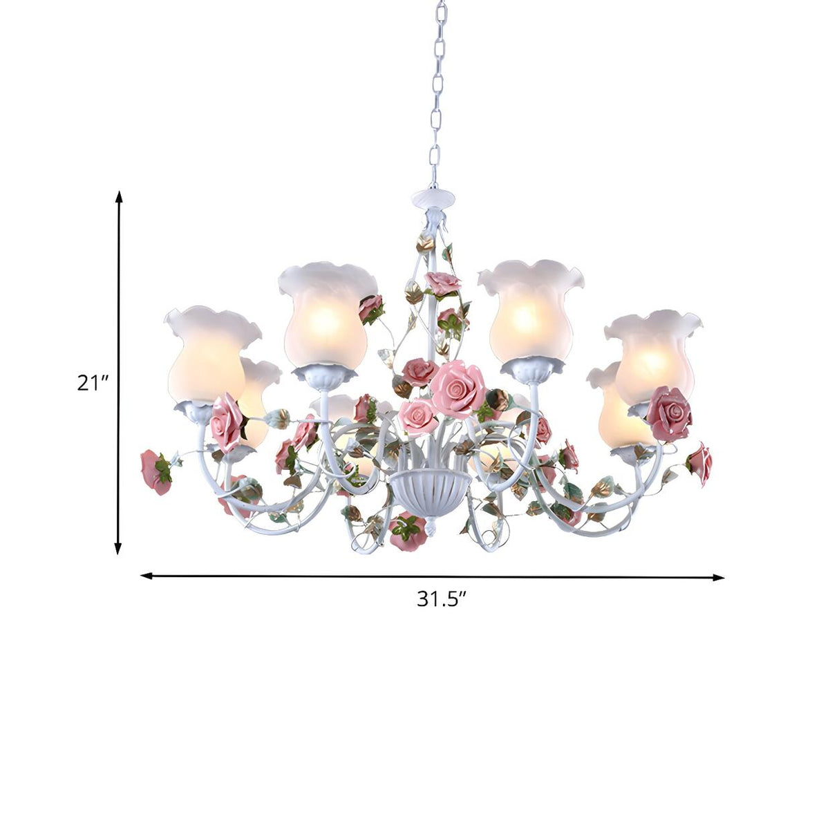 Elegant Pink Rose White Glass Flower Round Chandelier 