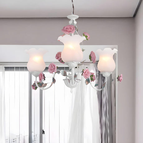 Elegant Pink Rose White Glass Flower Round Chandelier Image - 2