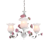 Elegant Pink Rose White Glass Flower Round Chandelier Image - 3