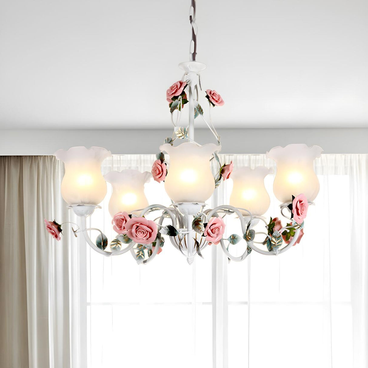 Elegant Pink Rose White Glass Flower Round Chandelier Image - 5