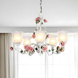 Elegant Pink Rose White Glass Flower Round Chandelier Image - 5