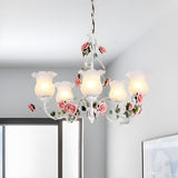 Elegant Pink Rose White Glass Flower Round Chandelier Image - 6