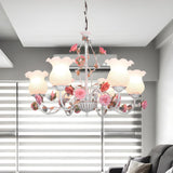 Elegant Pink Rose White Glass Flower Round Chandelier Image - 8